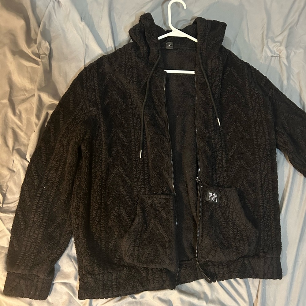 Black Textured Zip-Up Hoodie